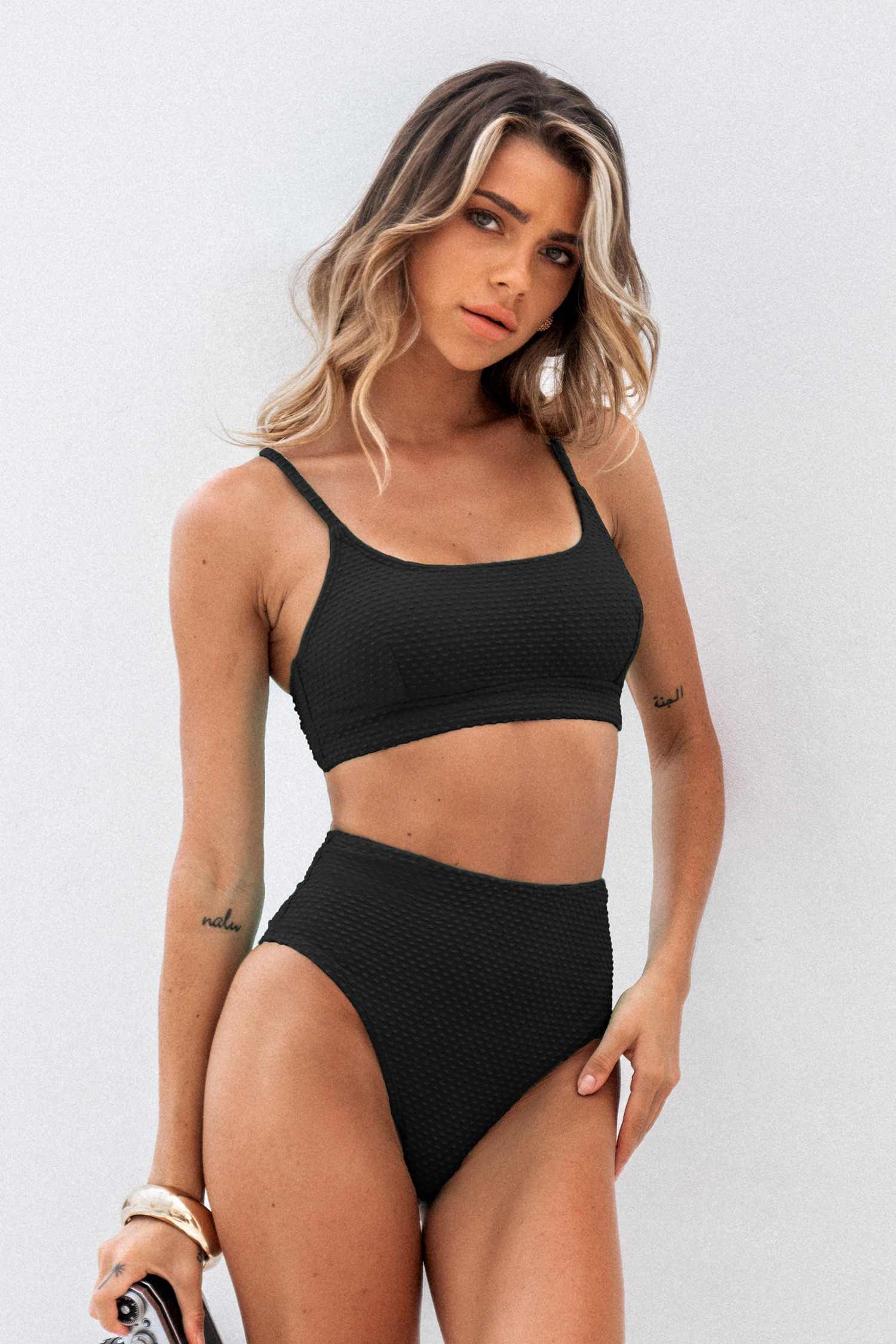NewTextured Black Scoop Neck Bikini Top & High-Rise Bottoms Set | Cupshe US