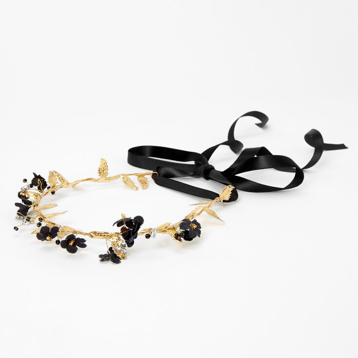 Gold Metallic Flower Crown Tie Headwrap - Black | Claire's (US)