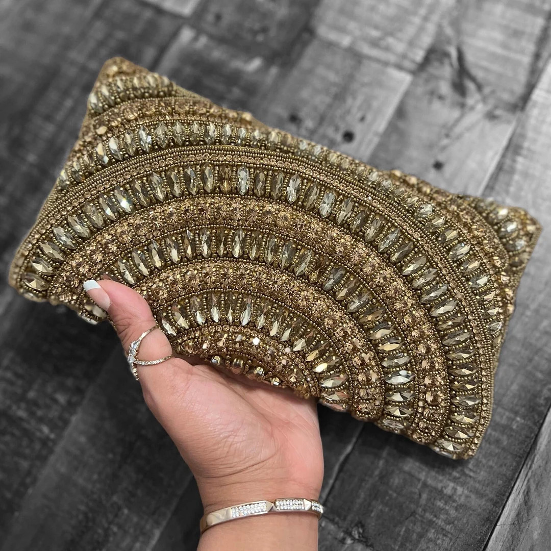 Golden Age Crystal Embellished Bronze Bridal Handmade Evening Wristlet Clutch Envelope Clutch - E... | Etsy (US)