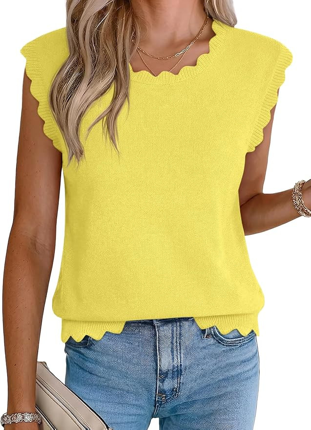Tankaneo Womens Sweater Vest Tank Tops Summer Scallop Trim Sleeveless Shirts Trendy Casual Crew N... | Amazon (US)