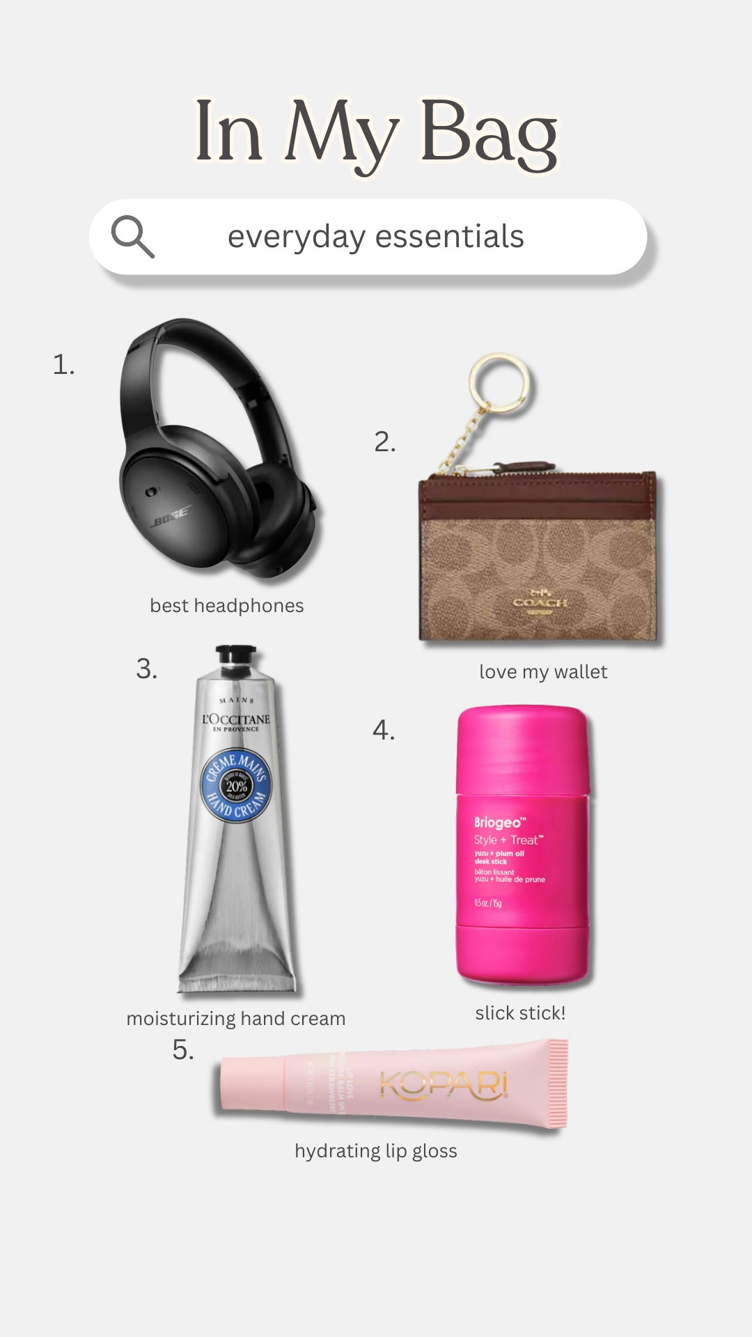 [2/27/26] FEBRUARY EDIT ✨ everyday essentials in my bag! headphones, wallet, moisturizing hand cream, slick stick & my fav hydrating lip gloss 🤍 my coach wallet is on sale! 

#LTKBeauty #LTKTravel #LTKSeasonal