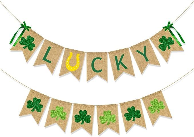 CAVLA Lucky Burlap Banner and Glitter Shamrock Banner St. Patrick's Day Green Shamrock Lucky Bann... | Amazon (US)