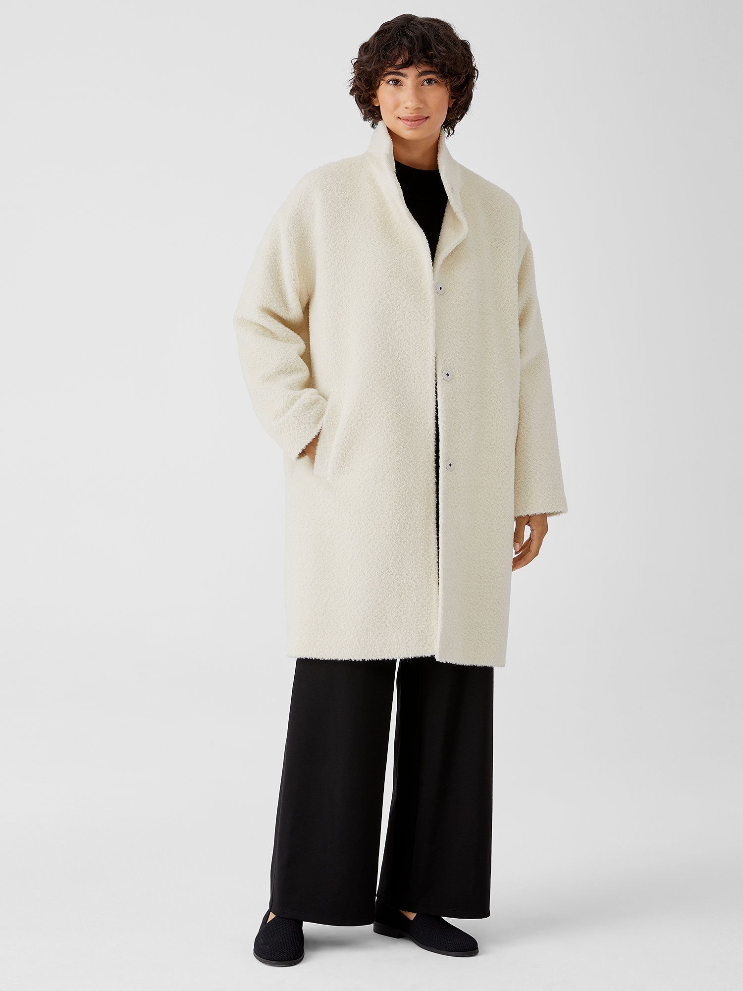 Sheared Suri Alpaca Stand Collar Coat | Eileen Fisher