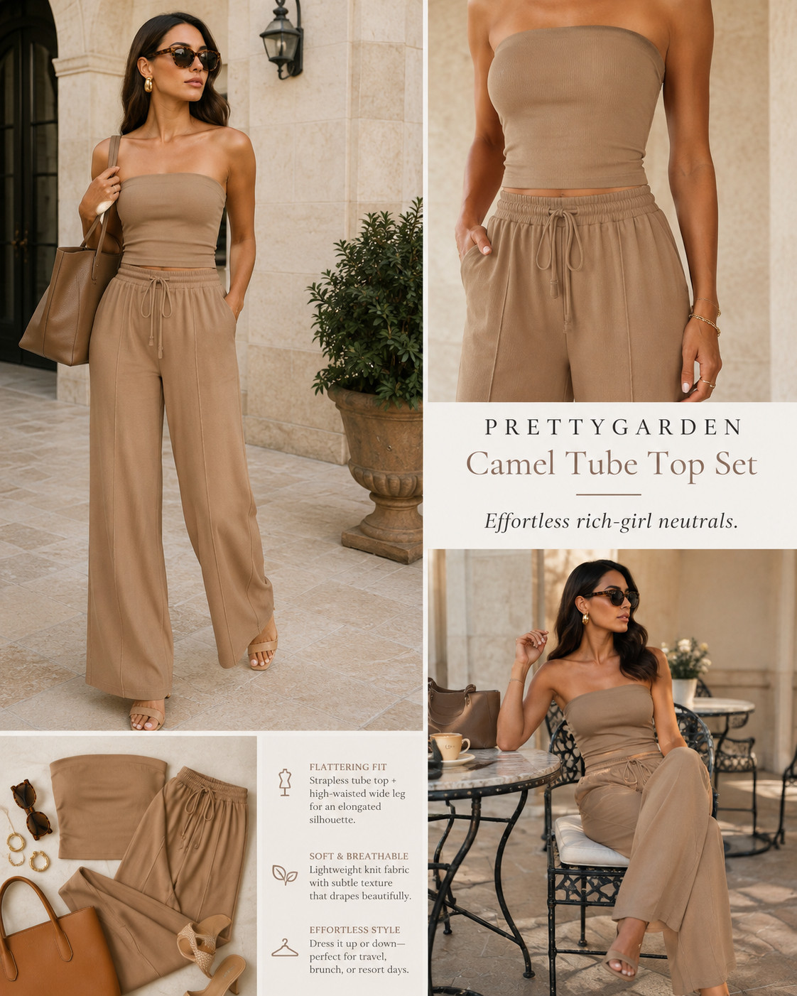 The PRETTYGARDEN camel matching set that makes effortless dressing look like quiet luxury. 🤎✨

This PRETTYGARDEN 2-piece tube top and wide-leg pants set is the polished Amazon outfit you’ll reach for when you want to feel comfortable but still look completely put together. 

The fitted strapless top creates a sleek, flattering neckline, while the high-waisted drawstring pants fall into a soft, elongating wide-leg silhouette with pockets for easy all-day wear.

The rich camel color gives this matching set an expensive-looking neutral finish that works beautifully with cognac, cream, gold, and tortoiseshell accessories. 

Style it with heeled sandals and a structured tote for brunch or dinner, then switch to flat slides and oversized sunglasses for a chic resort or travel-day outfit.

Perfect for summer vacations, European travel, beach resorts, cruises, date night, brunch, girls’ trips, coffee runs, and elevated everyday outfits. 

Wear the full set together for an instantly styled monochromatic look, or mix the tube top and wide-leg pants separately with linen shirts, bodysuits, denim jackets, and neutral basics.

This is the PRETTYGARDEN Amazon matching set that gives you rich-girl style without complicated outfit planning.

📌 SAVE this camel two-piece set before your size sells out!

Everything is linked! ↓

#LTKActive #LTKSaleAlert #LTKTravel