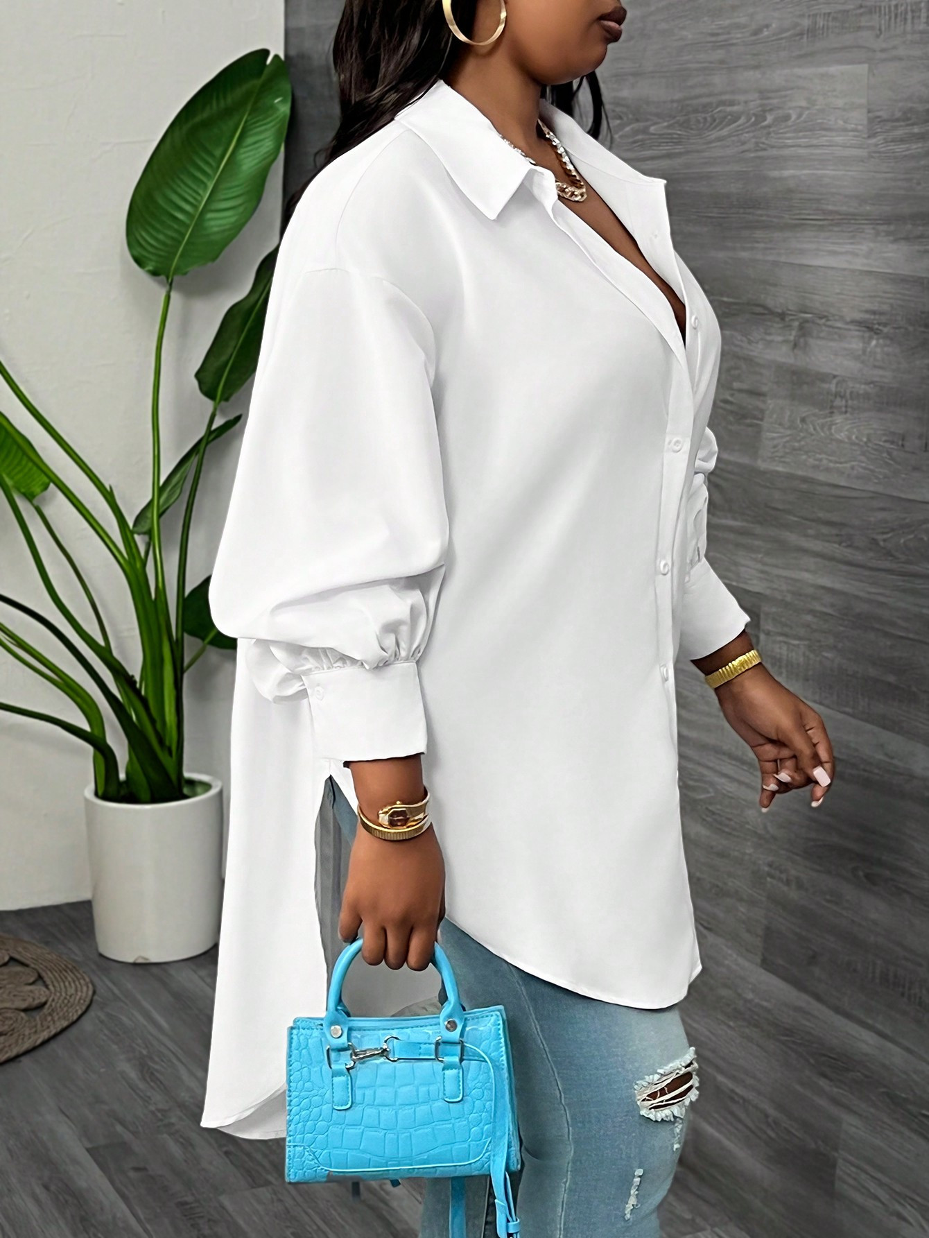 SHEIN Slayr Elegant, Commute, Party, Daily Loose Solid White Women's Plus Size Long Shirt With La... | SHEIN