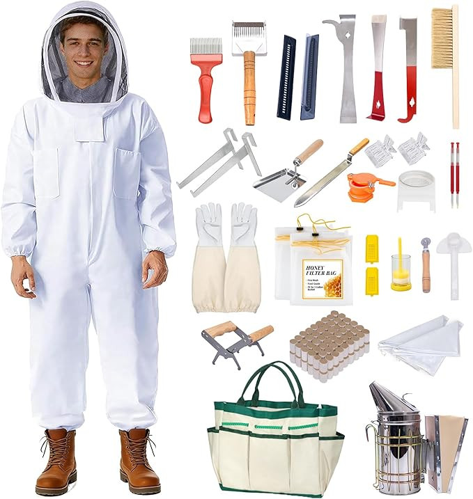 POLLIBEE 35Pcs Beekeeping Supplies Starter Kit with Bee Suit,Smoker & Frame Holder, Complete Bee ... | Amazon (US)