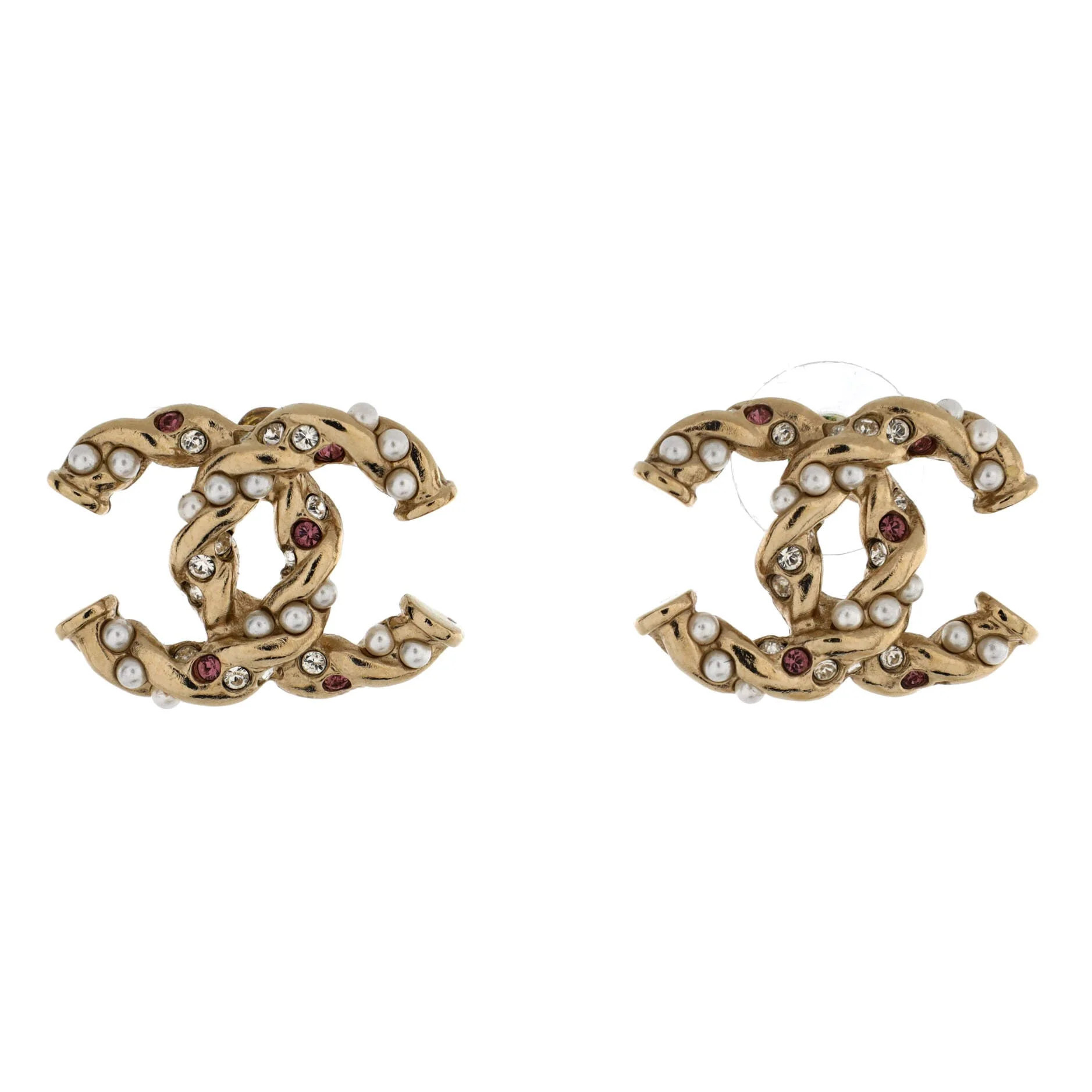 Twisted CC Stud Earrings Metal with Crystals and Faux Pearls | Shop Simon