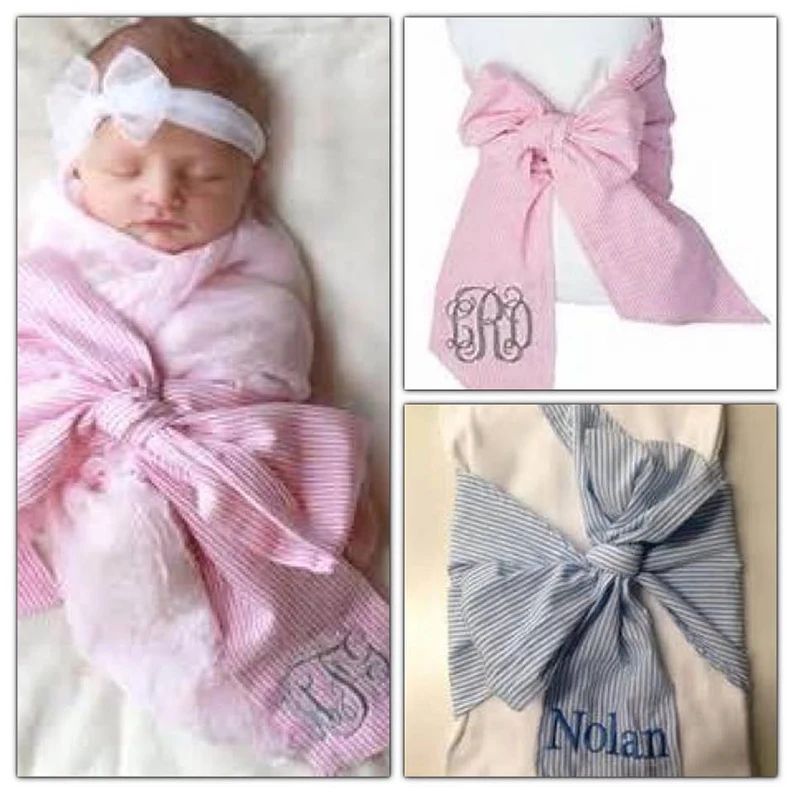 Personalized Swaddle Blanket With Bow/ Seersucker Swaddle Blanket / Monogrammed Swaddle With Bow ... | Etsy (US)
