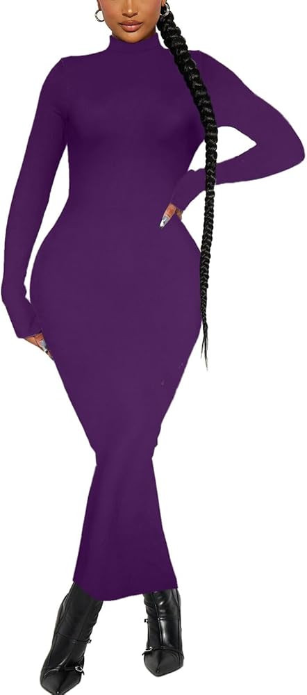 Women's Long Sleeve Bodycon Dress Maxi Mock Neck Fall Winter Casual Club Party T Shirts Tight Dre... | Amazon (US)