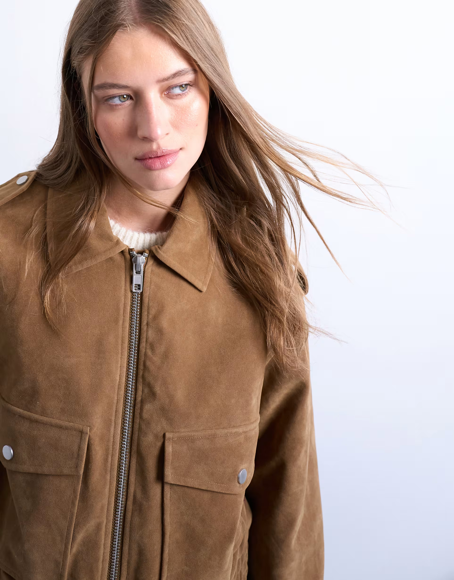 Topshop cropped faux suede bomber jacket with popper details in camel | ASOS (Global)