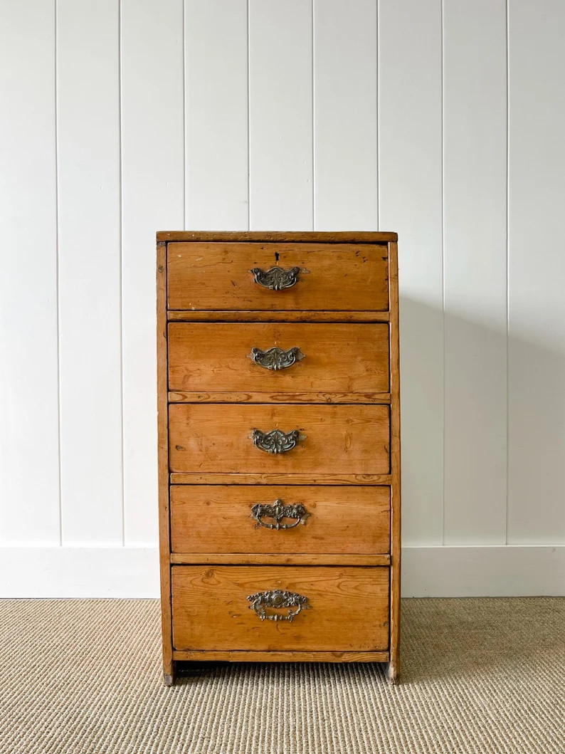 An Antique English Pine Narrow Chest of Drawers Dresser Nightstand with Brass Hardware | Etsy (US)