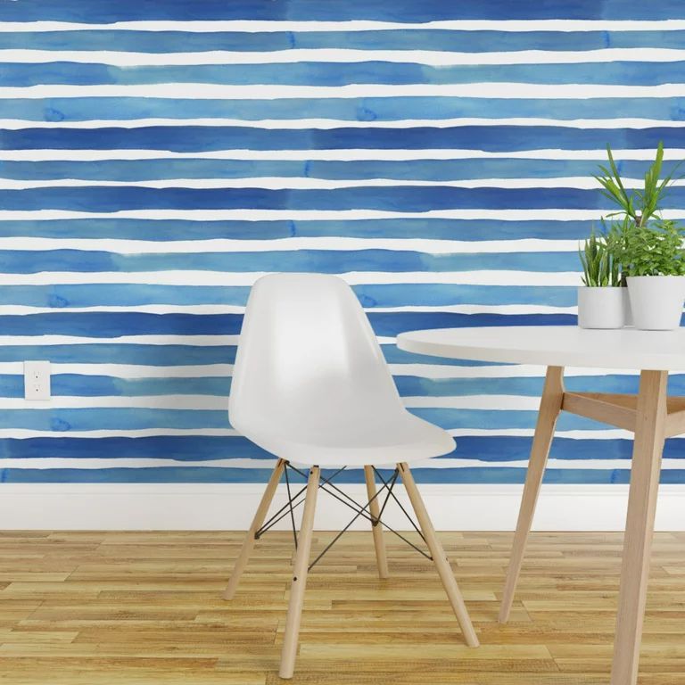 Peel & Stick Wallpaper 6ft x 2ft - Stripes Watercolor Blue White Nautical Kids Modern Room Summer... | Walmart (US)