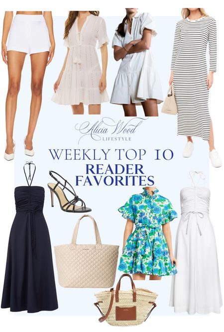Top 10 Weekly Reader Favorites

White shorts
White swim coverup dress
White button down short sleeve dress
Navy and white striped long sleeve midi dress
Navy and white versatile Veronica Beard midi dress
Green and blue feminine floral mini dress
Beige cream colored MZ Wallace travel and everyday tote
Woven straw beach bag with leather straps
Black strappy sandal heels

#LTKstyletip #LTKSeasonal #LTKFind