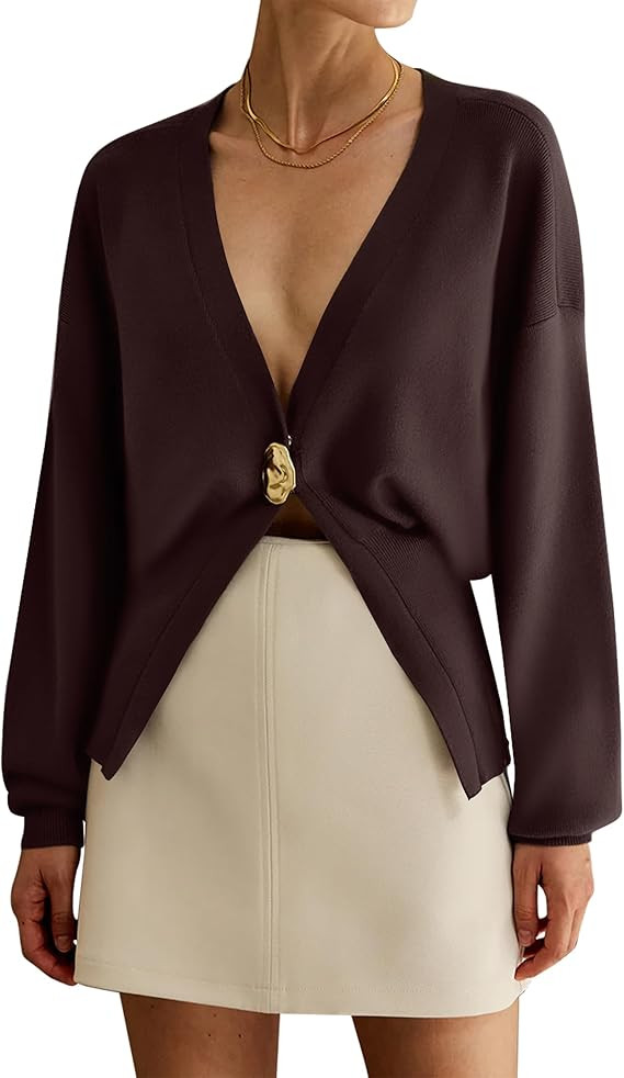 Elegant Deep V Neck Cardigan Sweaters for Women Trendy Golden Button Plain Cardigans Fall Winter ... | Amazon (US)