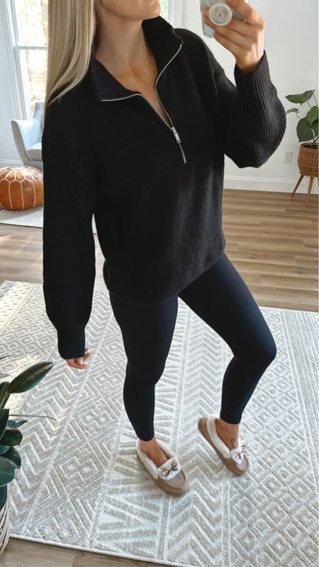Super cozy and casual fall or winter outfit. This 1/4 zip mock neck sweater is from old navy and comes in so many colors. 

All black outfit leggings outfits leggings sweater black sweater oversized sweater Sale 

#LTKGiftGuide #LTKHolidaySale #LTKHoliday