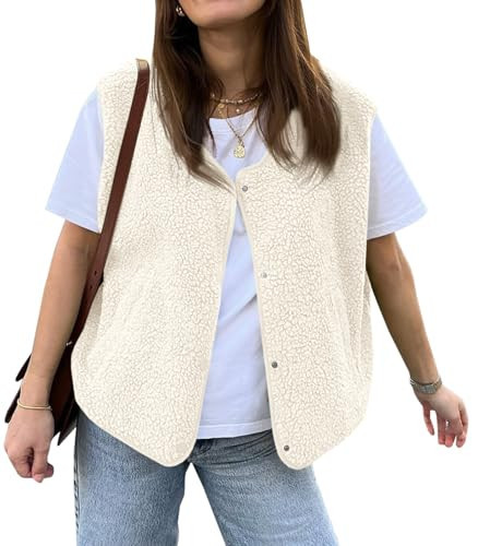 Tankaneo Women's Fuzzy Fleece Vest V Neck Sleeveless Sherpa Jacket Button Down Casual Warm Outerwear with Pockets | Amazon (US)