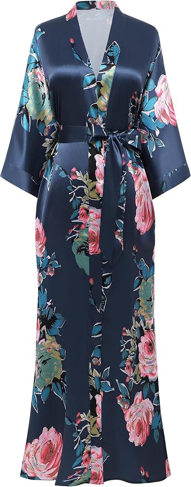 BABEYOND Women's Kimono Robe Long Satin Silky Floral Lightweight Bridesmaid Wedding Bachelorette ... | Amazon (US)