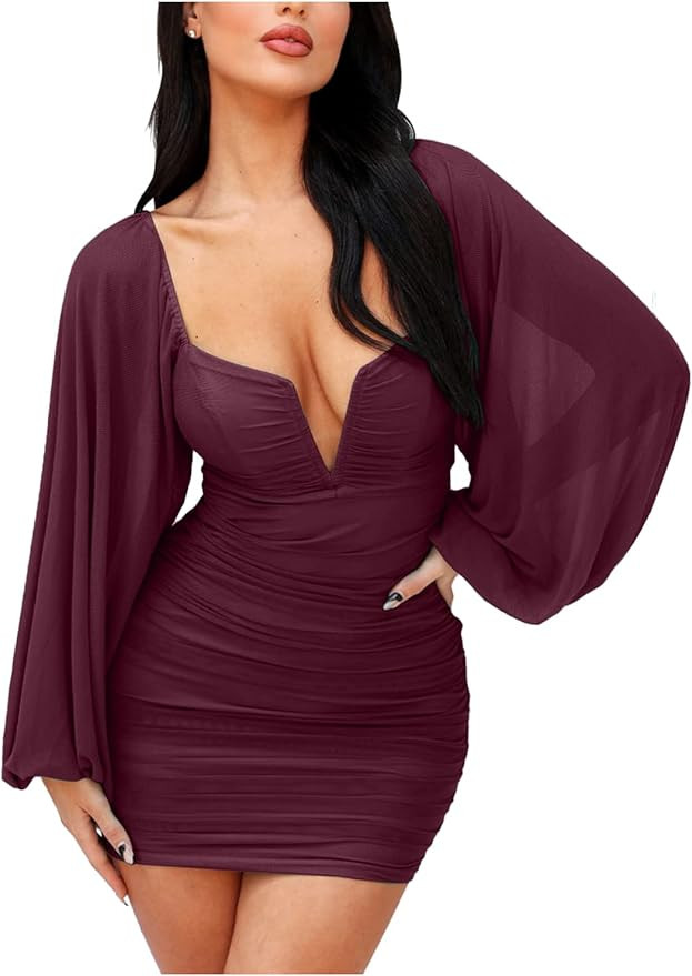 L'VOW Women's Sexy Ruched Plunge V Neck Bodycon Backless Mesh Puff Long Sleeve Mini Club Pencil D... | Amazon (US)