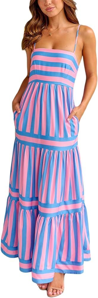Women Spaghetti Strap Tiered Flowy Midi Dress Striped Sleeveless Square Neck Beach Vacation Long ... | Amazon (US)
