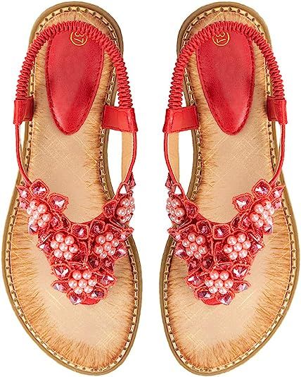Ruiatoo Flats Sandals for Women Bohemia T-strap Summer Ladies Comfort Sandals with Rhinestone Flo... | Amazon (US)