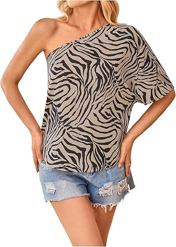 MakeMeChic Women's One Shoulder Blouse Zebra Striped Half Sleeve Asymmetrical Summer Dressy Top | Amazon (US)