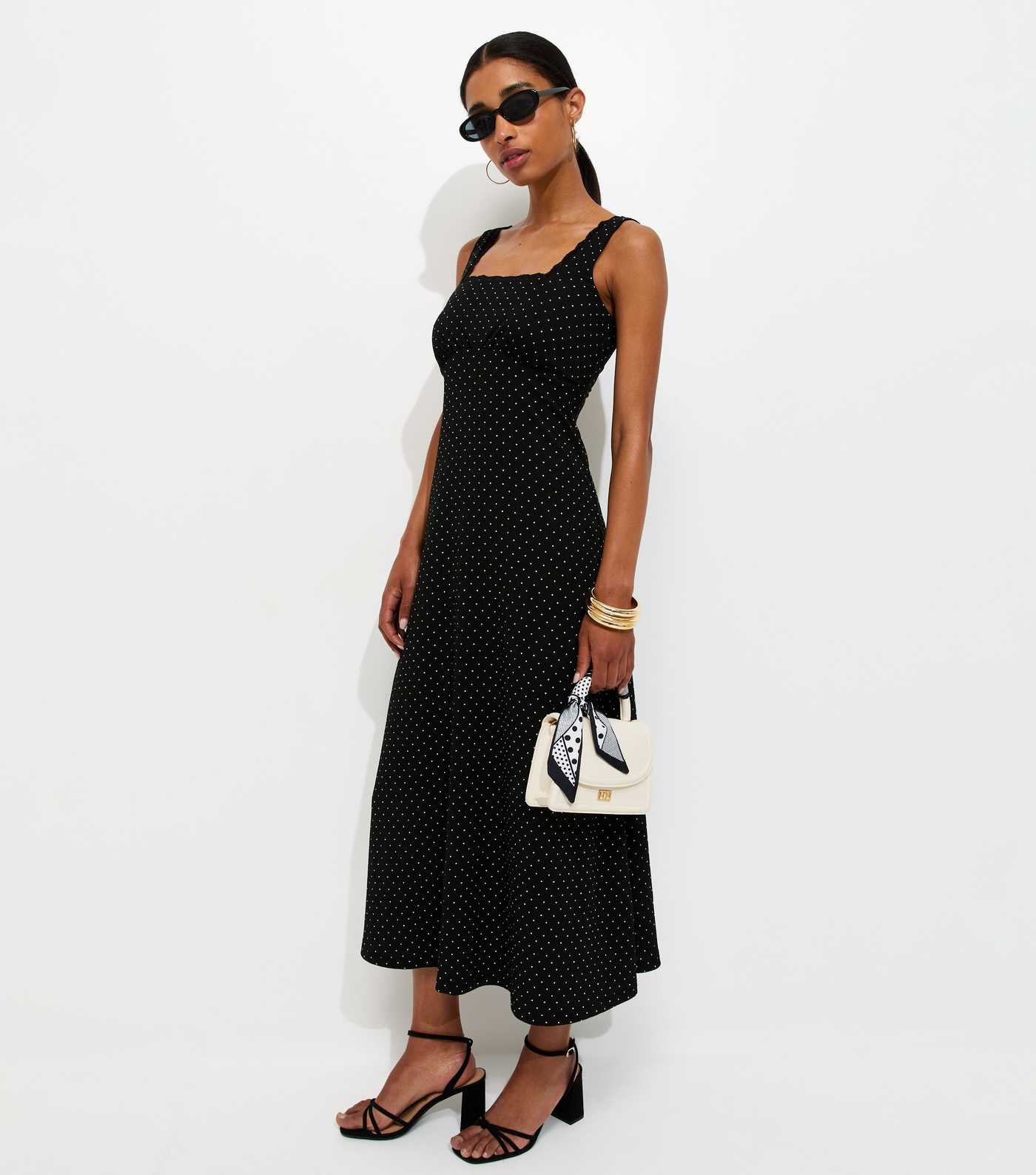 Black Crinkle Texture Polka Dot Print Square Neck Lace Trim Midi Dress | New Look | New Look (UK)