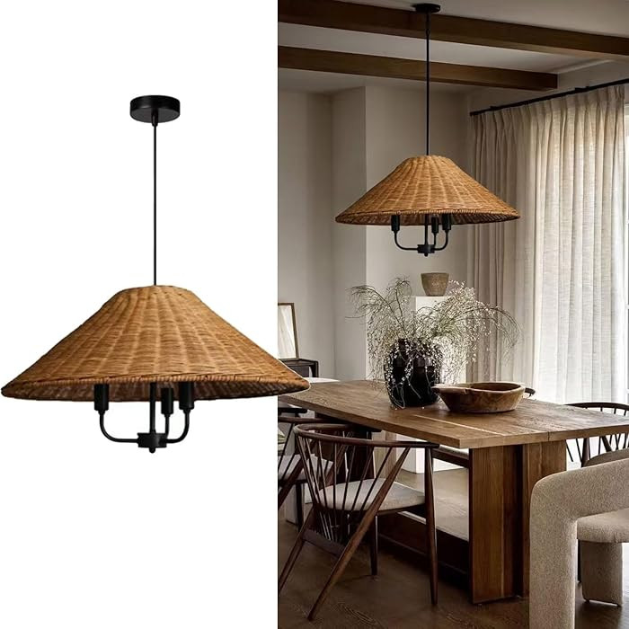 19.68" Rattan Pendant Light Vintage Conical Design Hand-Woven Chandelier Light Fixtures Brown Wea... | Amazon (CA)