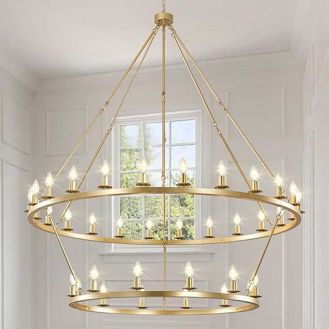 Gold Wagon Wheel Chandelier 2 Tier 53-Inch 36-Light, Extra Large Round Rustic Farmhouse Chandelie... | Amazon (US)