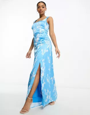 Anaya square neck satin maxi dress with wrap skirt in blue floral print | ASOS (Global)