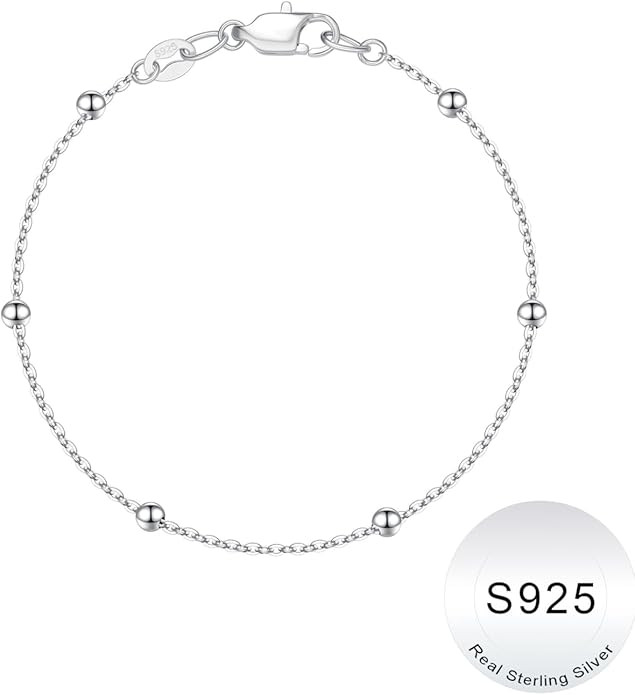 IEFWELL S925 Sterling Silver Bracelet for Women - Solid 14K Real Gold Over Satellite Bead Chain B... | Amazon (US)