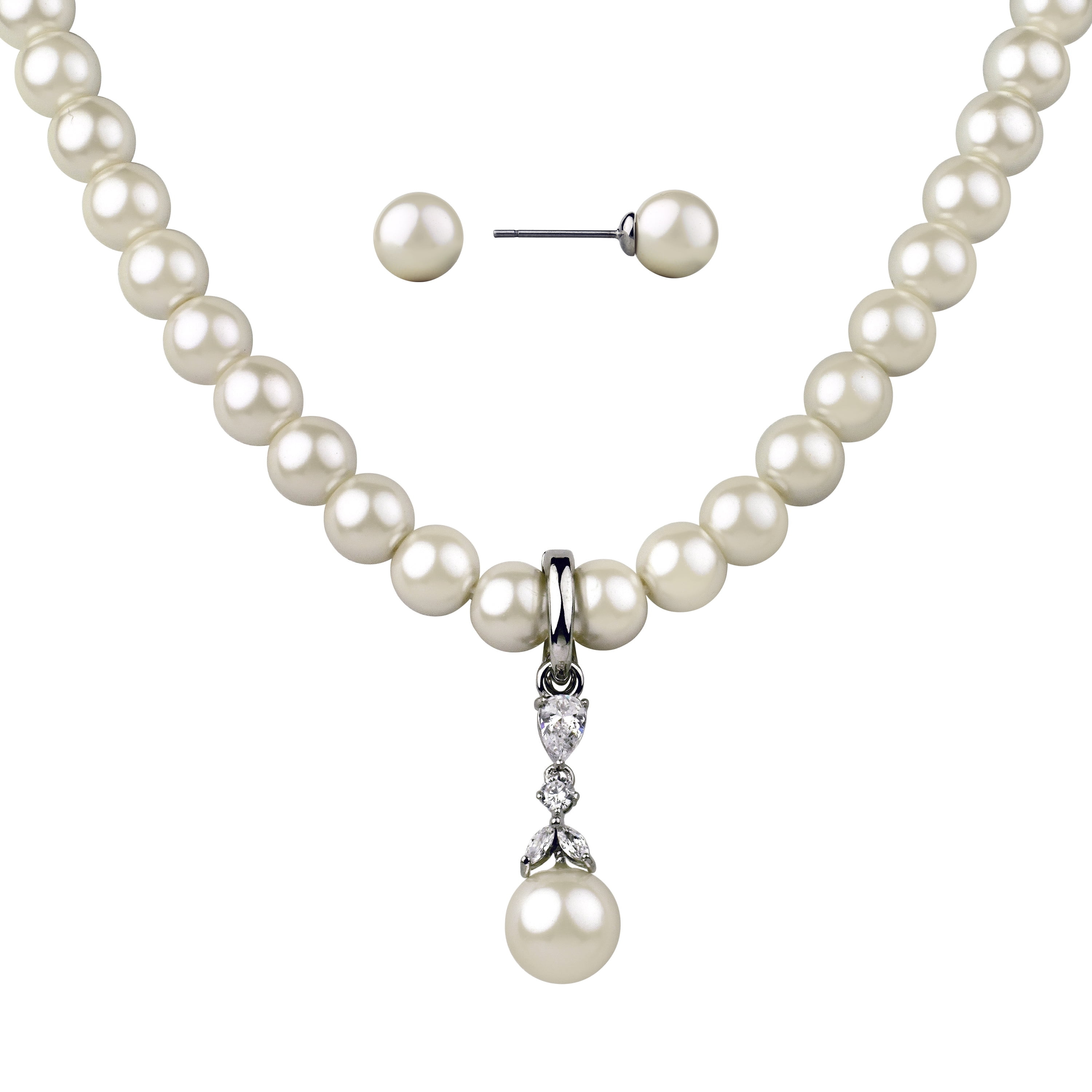 Believe by Brilliance Women's Simulated Pearl Necklace Set in Fine Silver Plated Brass | Walmart (US)