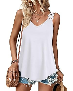 Sipaya Tank Top for Women Spring Fashion Sleeveless V Neck Lace Tops Flower Flowy Summer Outfits ... | Amazon (US)
