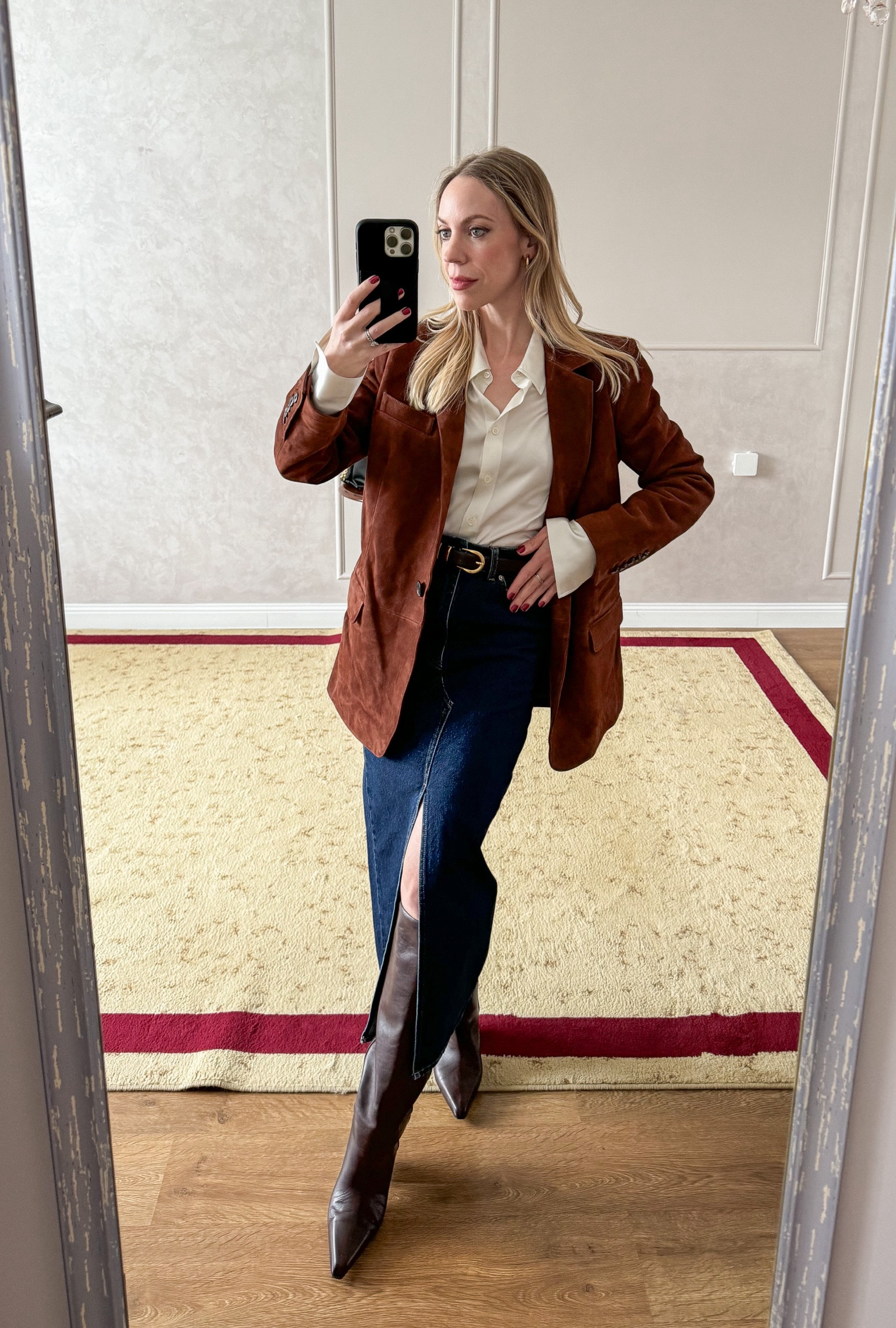 Fall date night outfit with suede blazer, silk blouse, denim midi skirt, chocolate brown leather boots 

#LTKShoeCrush #LTKStyleTip #LTKOver40