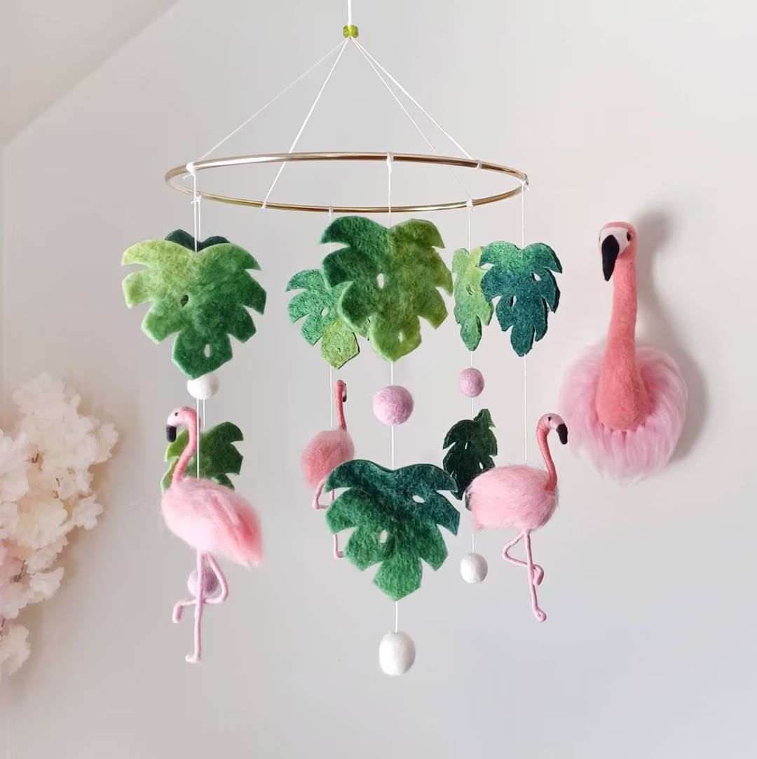 Flamingo Mobile Palm Leaves Felt Bird Mobile Baby Girl Monstera Leaf Crib Mobile Tropical Mobile ... | Etsy (US)