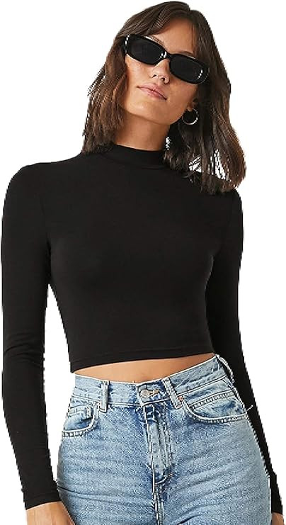 Floerns Women's Basic Long Sleeve Mock Neck Crop Top Tee Shirts | Amazon (US)