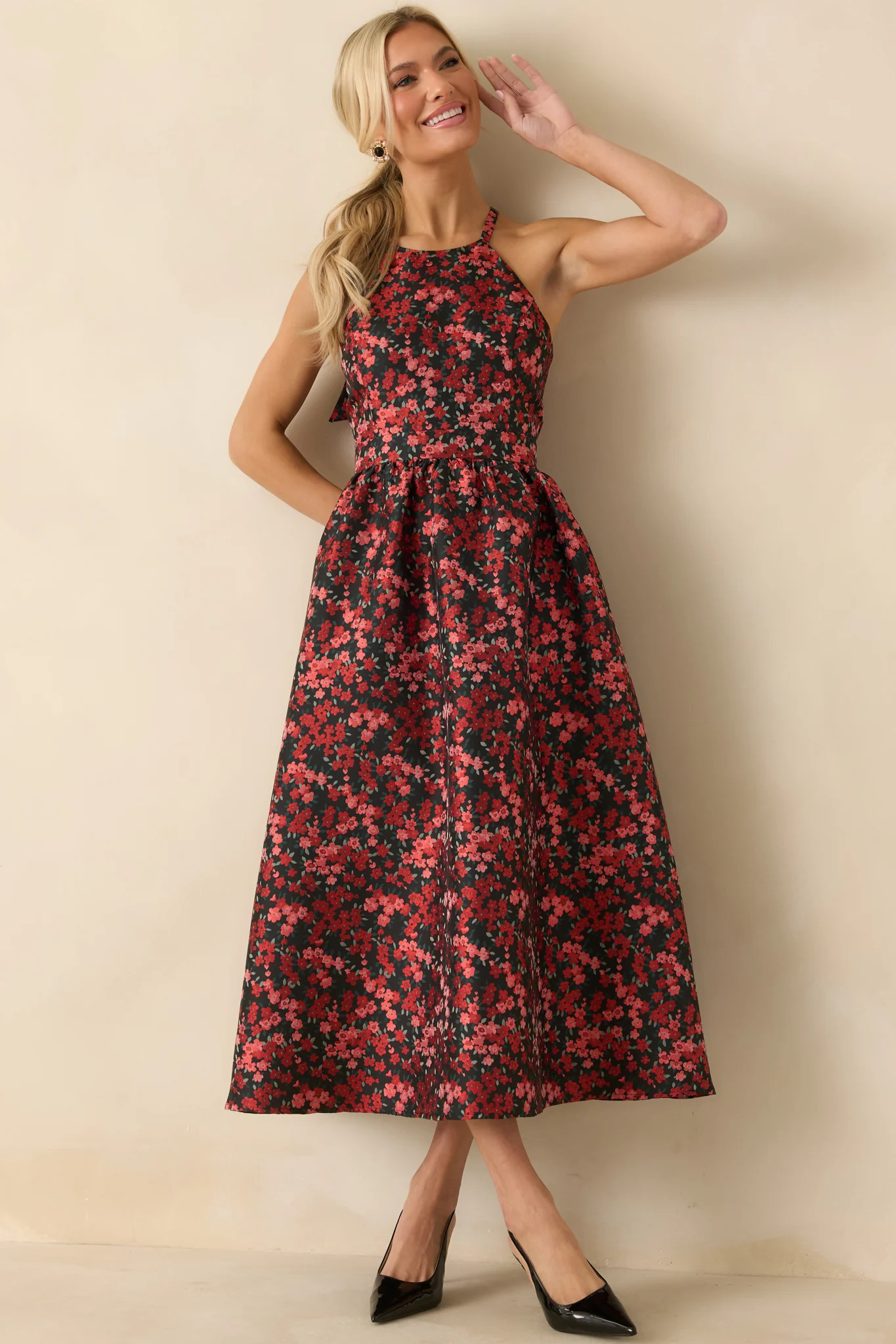 Worth Every Second Red Multi Floral Jacquard Halter Midi Dress | Red Dress