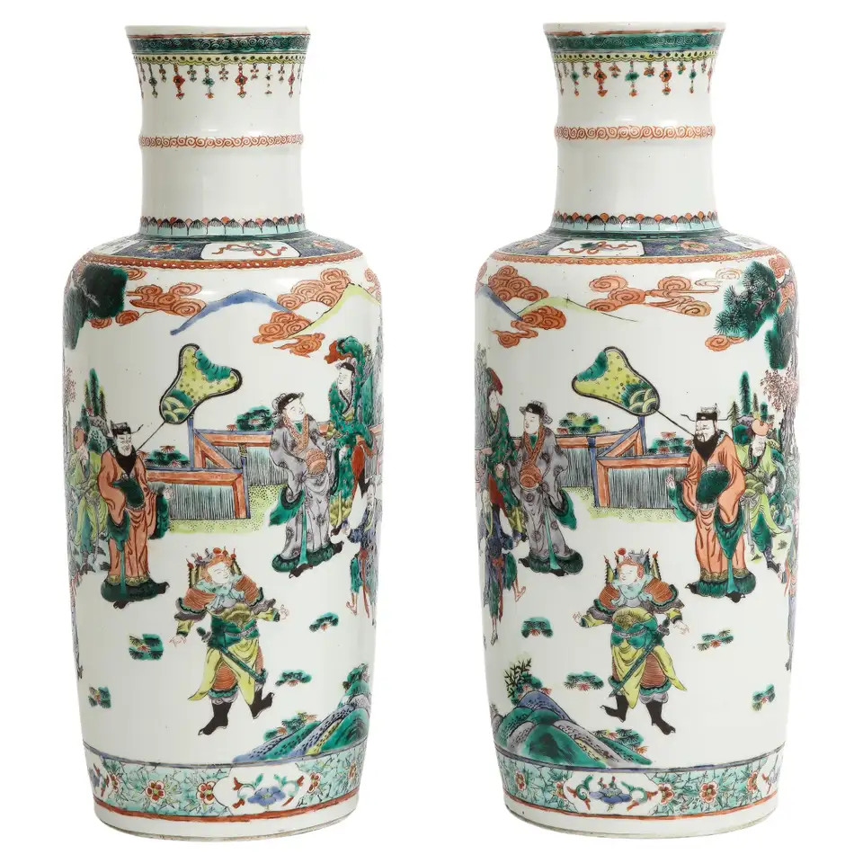 Pair Chinese Porcelain Rouleau Shape Famille Vert Imperial Subject Vases, 1800s | 1stDibs