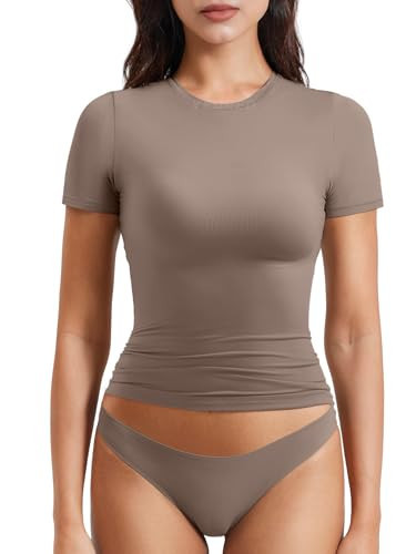 YEOREO Women Fitted Workout Tops Short Sleeve Double Lined Basic Y2K Going Out Crew Neck Compression Crop Top Brown S | Amazon (US)