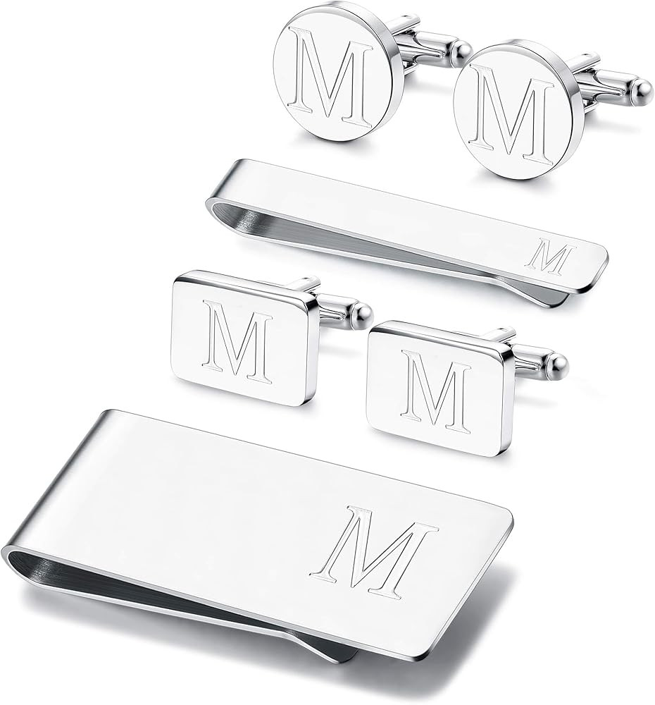 JOERICA 6 PCS Engraved Initial Cufflinks Tie Bar Money Clip Set Shirt Alphabet Letter Wallet Tie Cli | Amazon (US)