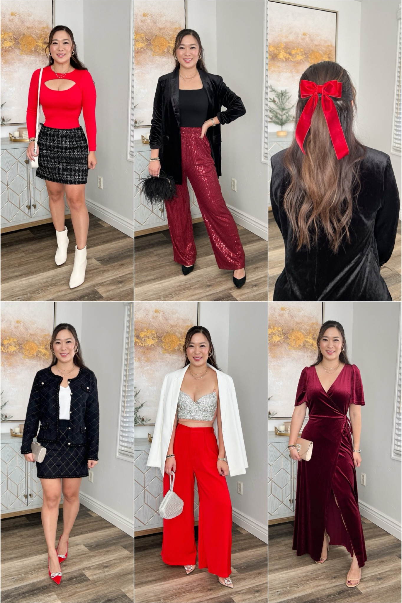 Amazon Holiday Christmas Party Outfits

Red Cut Out Bodysuit: Small
Tweed Skirt: Medium
Velvet Blazer: Medium
Fitted Black Top: Medium
Sequin Pants: Medium
2 piece set: Medium
Rhinestone Tank: Small
Red Trouser Pants: Small
White Blazer: Medium
Velvet Dress: Small