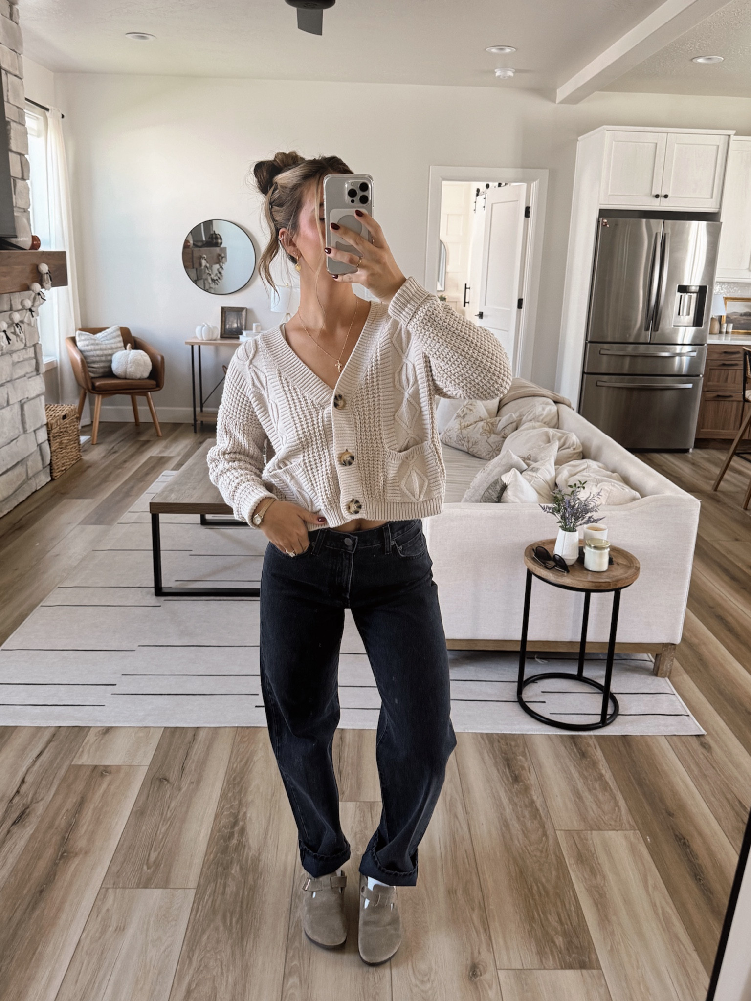 fall outfit inspo! I’m wearing a S sweater, size 25 jean, and shoes run TTS! 
fall outfit inspo, fall fashion, sweater, cardigan, black denim jeans, aritzia, birkenstock 

#LTKSeasonal #LTKFallSale #LTKHalloween