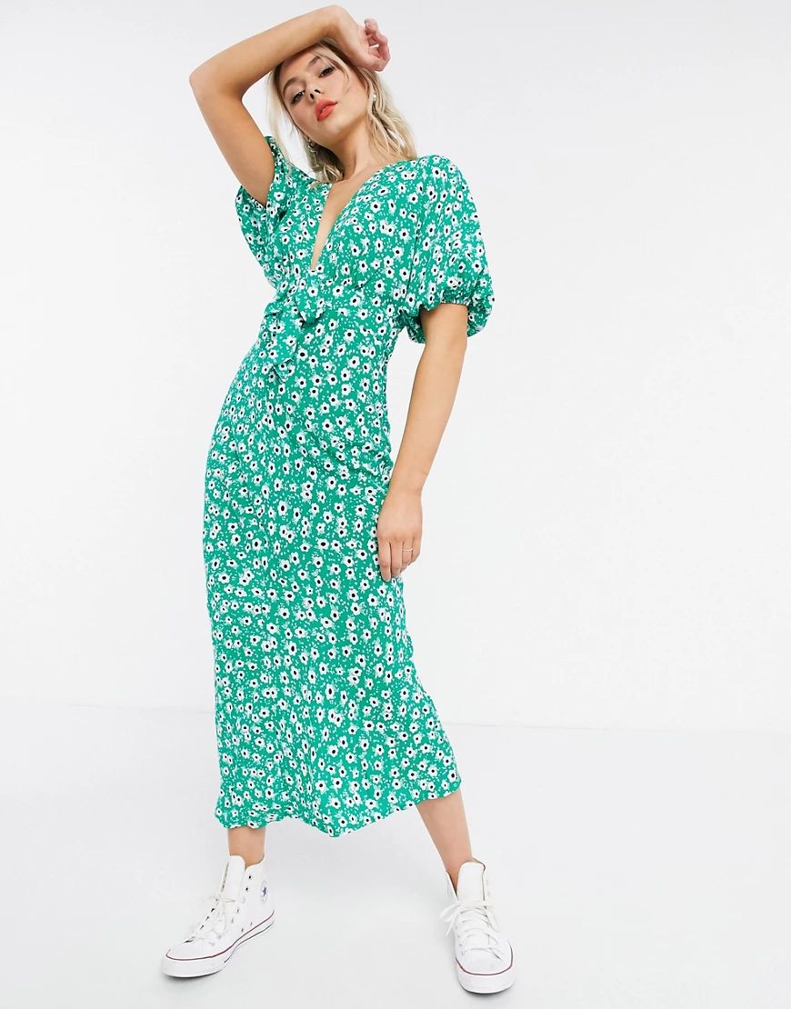 ASOS DESIGN tie front midi tea dress in green based floral print-Multi | ASOS (Global)
