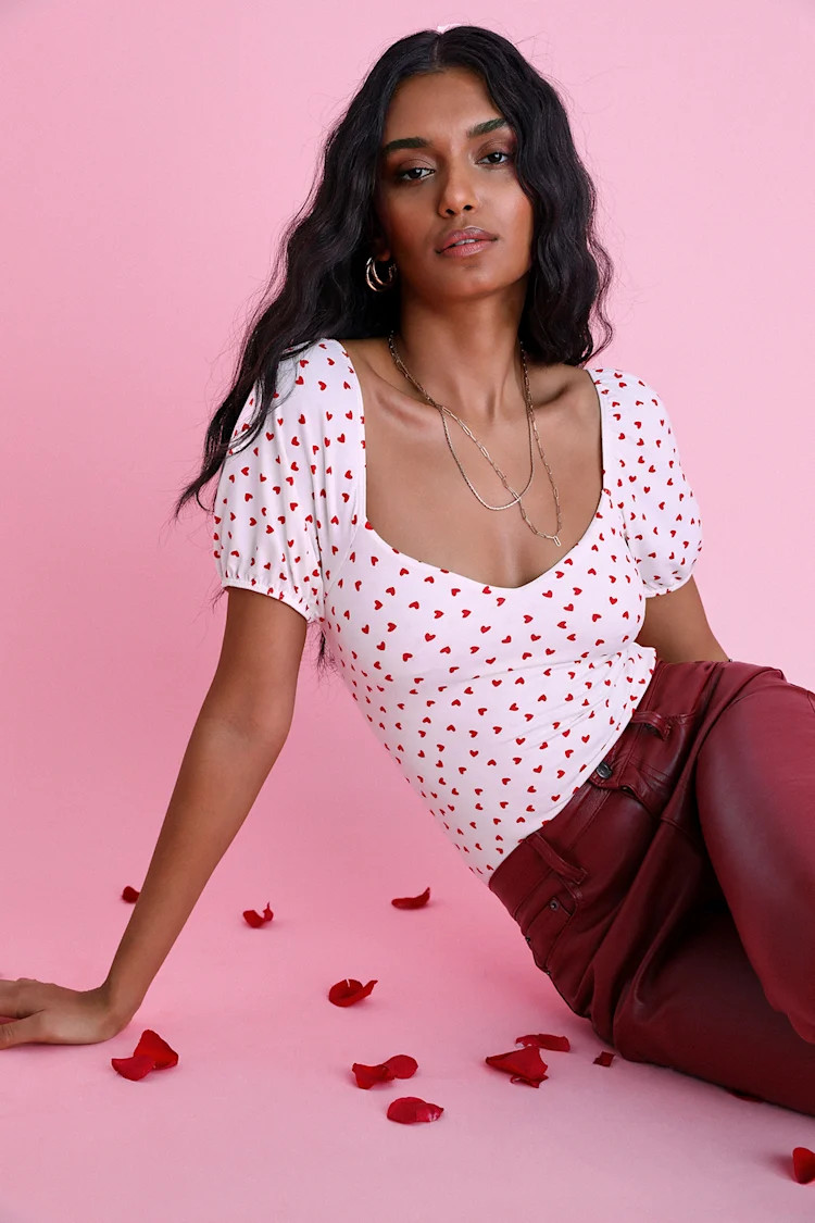 Forever Your Crush Ivory Heart Print Puff Sleeve Bodysuit | Lulus (US)