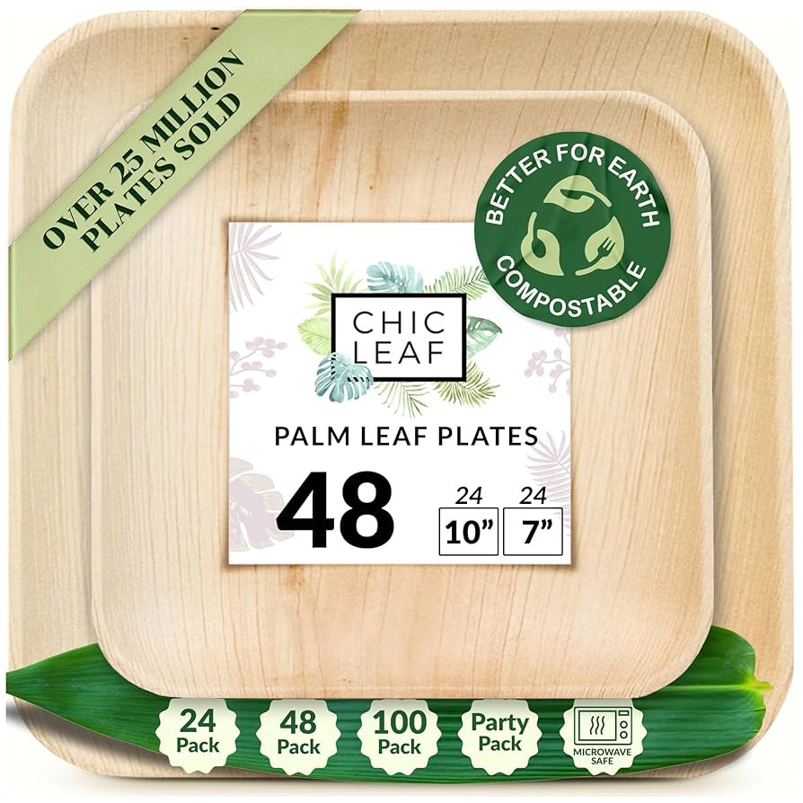 Chic Leaf Compostable & Biodegradable Palm Leaf Disposable Bamboo Plates - Disposable Party Plate... | Amazon (US)