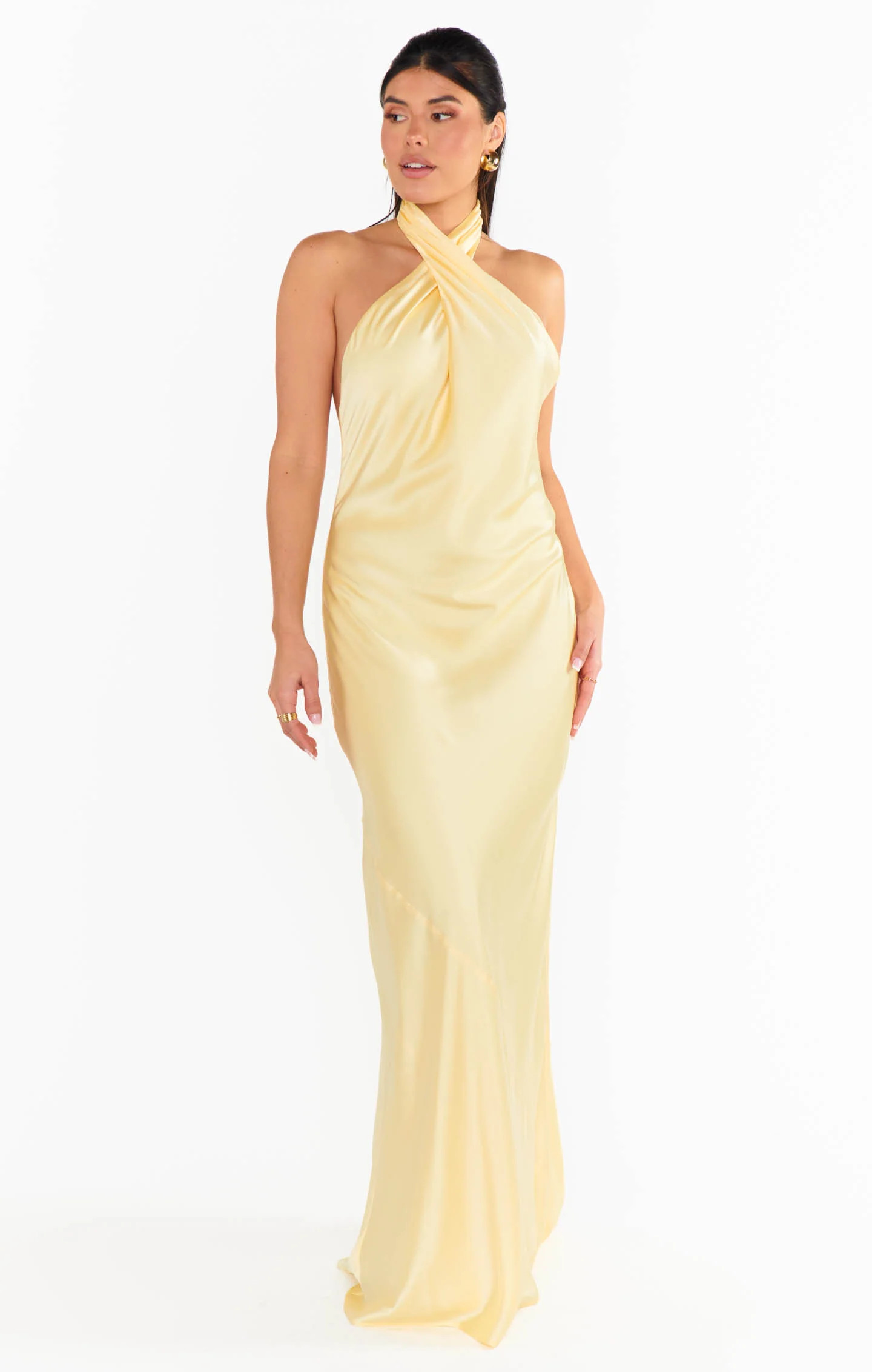 Jasmine Halter Maxi Dress ~ Pale Yellow Luxe Satin | Show Me Your Mumu