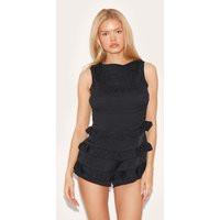 Black Woven Shirred Boat Neck Romper | PrettyLittleThing US