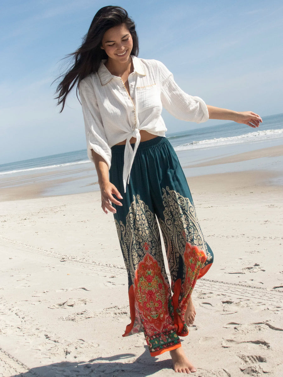 Fiona Palazzo Pant - Red Cream Border | Natural Life