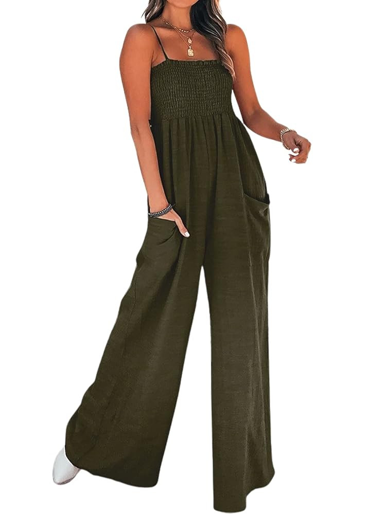 CUPSHE Women Slip Ruching Smocked Jumpsuit Pants Square Neck Spaghetti Straps Loose Waisted Maxi ... | Amazon (CA)