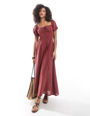 Esmee Exclusive puff sleeve tie front maxi beach dress in marsala | ASOS (Global)