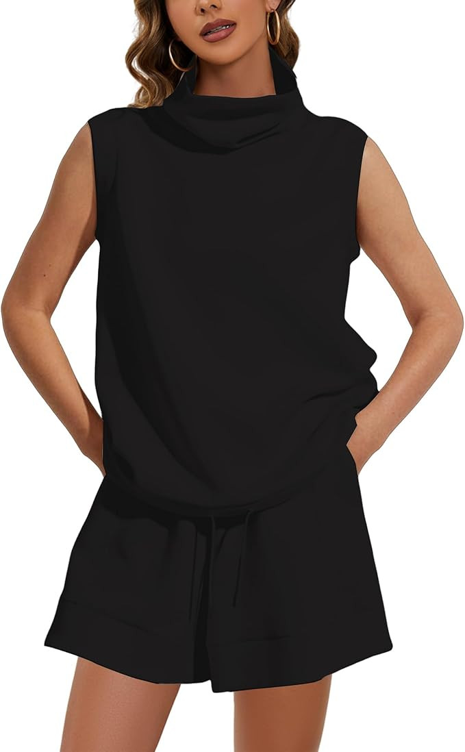 Womens Two Piece Outfits Tracksuit Turtleneck Sleeveless Vest Tank and High Waist Drawstring Shor... | Amazon (US)